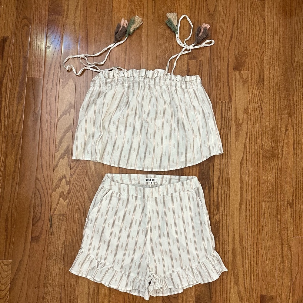 Neon Rose ~ Shorts with Ruffle Hem and Cami Top with Tassel Ties (NEVER WORN)